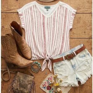 Fortune + Ivy Clarese Tie Front Mixed Media Top  XL Stripe V-Neck Western NWT